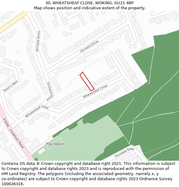 30, WHEATSHEAF CLOSE, WOKING, GU21 4BP: Location map and indicative extent of plot