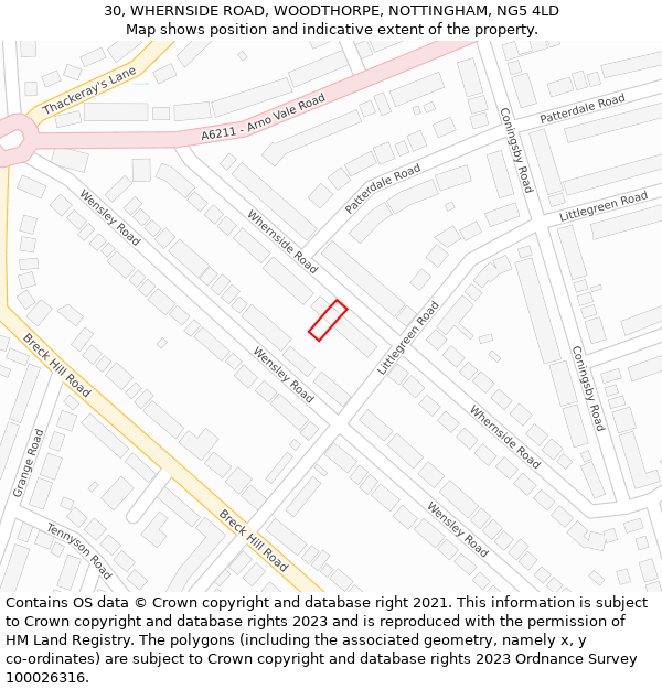 30, WHERNSIDE ROAD, WOODTHORPE, NOTTINGHAM, NG5 4LD: Location map and indicative extent of plot