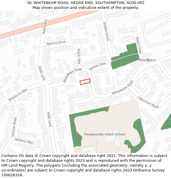 30, WHITEBEAM ROAD, HEDGE END, SOUTHAMPTON, SO30 0PZ: Location map and indicative extent of plot