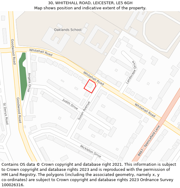 30, WHITEHALL ROAD, LEICESTER, LE5 6GH: Location map and indicative extent of plot