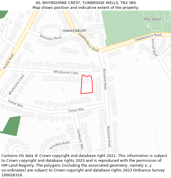 30, WHYBOURNE CREST, TUNBRIDGE WELLS, TN2 5BS: Location map and indicative extent of plot