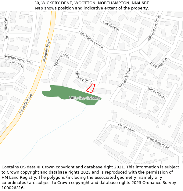 30, WICKERY DENE, WOOTTON, NORTHAMPTON, NN4 6BE: Location map and indicative extent of plot