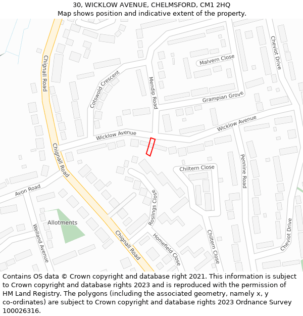 30, WICKLOW AVENUE, CHELMSFORD, CM1 2HQ: Location map and indicative extent of plot