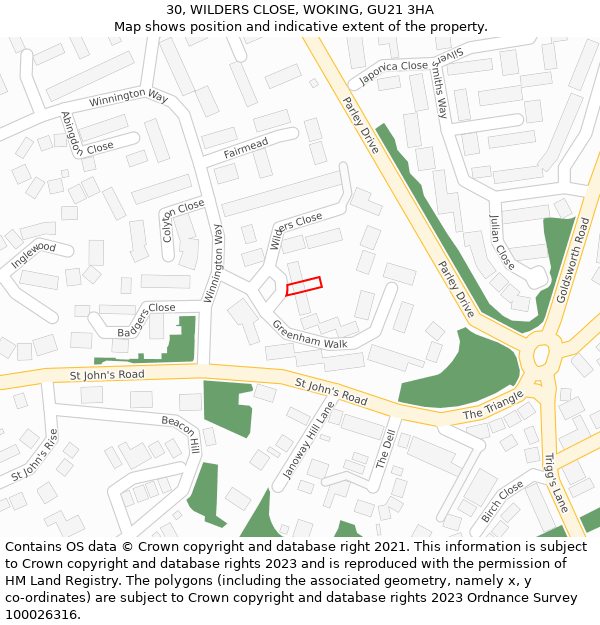 30, WILDERS CLOSE, WOKING, GU21 3HA: Location map and indicative extent of plot