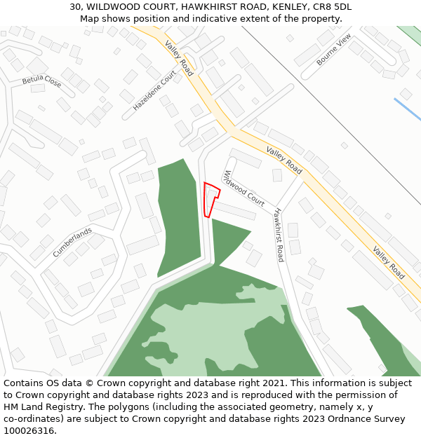 30, WILDWOOD COURT, HAWKHIRST ROAD, KENLEY, CR8 5DL: Location map and indicative extent of plot