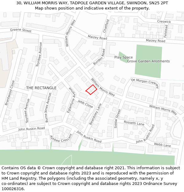 30, WILLIAM MORRIS WAY, TADPOLE GARDEN VILLAGE, SWINDON, SN25 2PT: Location map and indicative extent of plot