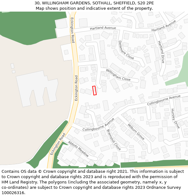 30, WILLINGHAM GARDENS, SOTHALL, SHEFFIELD, S20 2PE: Location map and indicative extent of plot