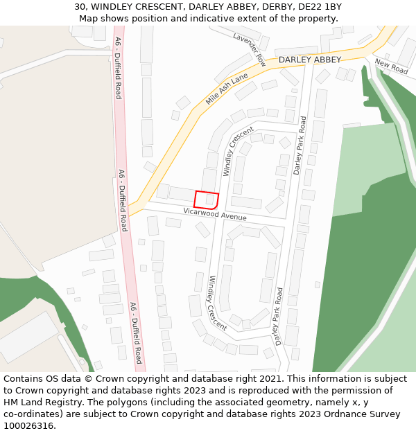 30, WINDLEY CRESCENT, DARLEY ABBEY, DERBY, DE22 1BY: Location map and indicative extent of plot