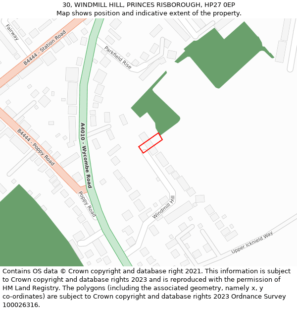 30, WINDMILL HILL, PRINCES RISBOROUGH, HP27 0EP: Location map and indicative extent of plot