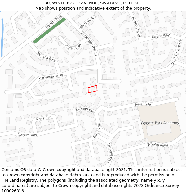 30, WINTERGOLD AVENUE, SPALDING, PE11 3FT: Location map and indicative extent of plot