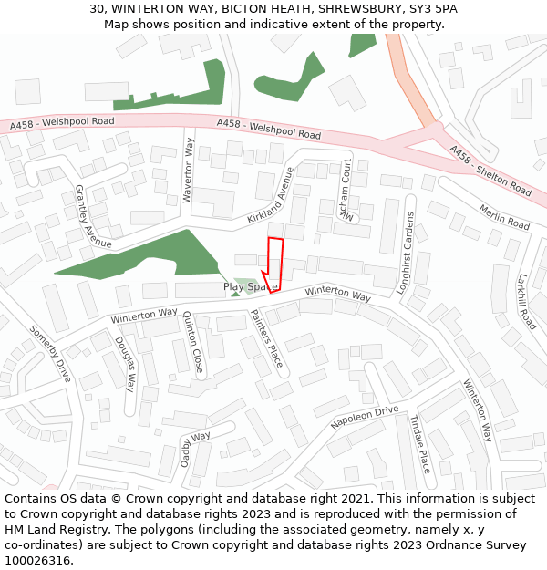 30, WINTERTON WAY, BICTON HEATH, SHREWSBURY, SY3 5PA: Location map and indicative extent of plot