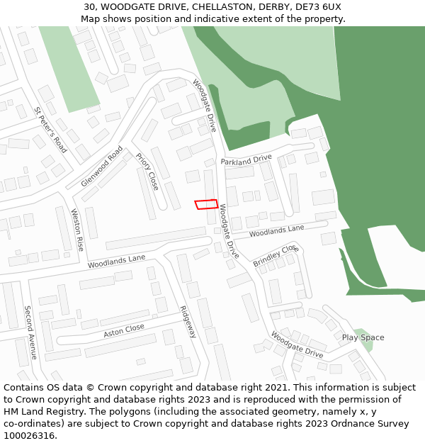 30, WOODGATE DRIVE, CHELLASTON, DERBY, DE73 6UX: Location map and indicative extent of plot