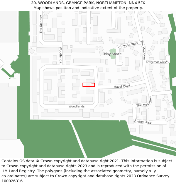 30, WOODLANDS, GRANGE PARK, NORTHAMPTON, NN4 5FX: Location map and indicative extent of plot