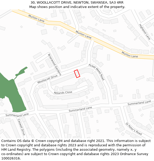 30, WOOLLACOTT DRIVE, NEWTON, SWANSEA, SA3 4RR: Location map and indicative extent of plot