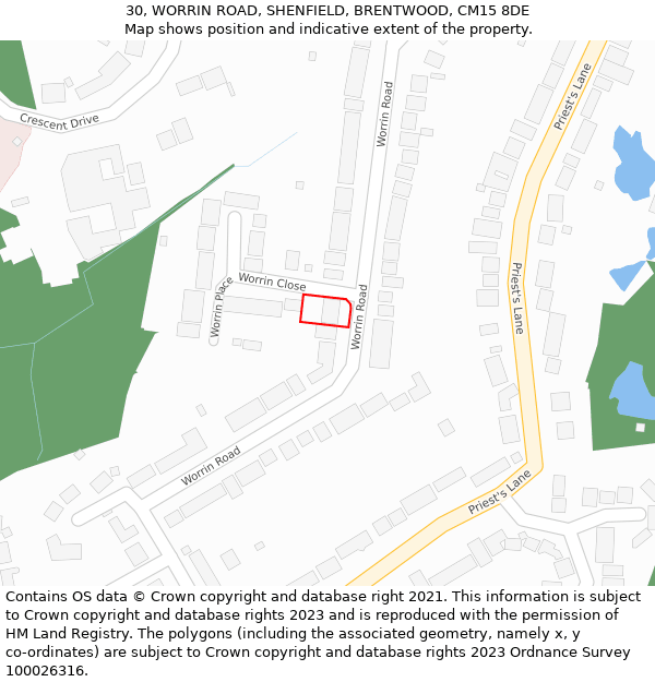 30, WORRIN ROAD, SHENFIELD, BRENTWOOD, CM15 8DE: Location map and indicative extent of plot