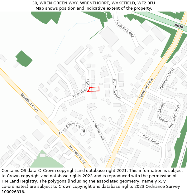 30, WREN GREEN WAY, WRENTHORPE, WAKEFIELD, WF2 0FU: Location map and indicative extent of plot