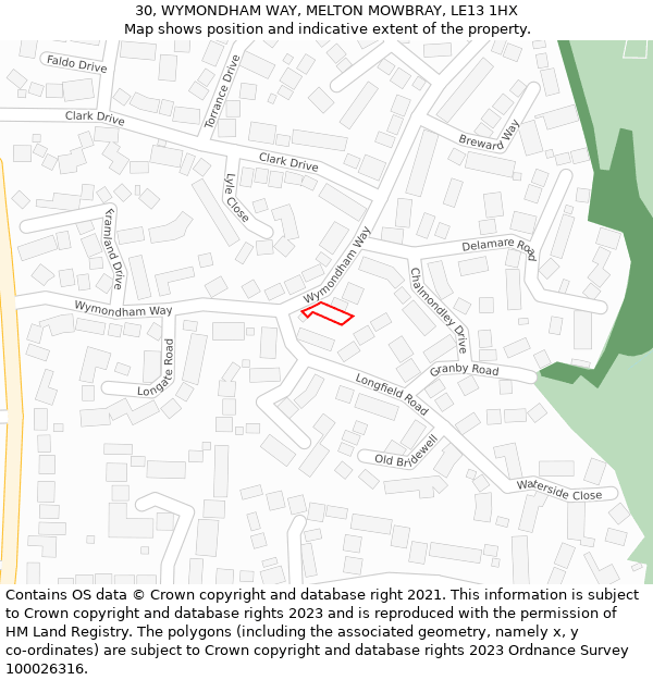 30, WYMONDHAM WAY, MELTON MOWBRAY, LE13 1HX: Location map and indicative extent of plot