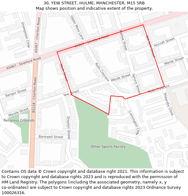 30, YEW STREET, HULME, MANCHESTER, M15 5RB: Location map and indicative extent of plot