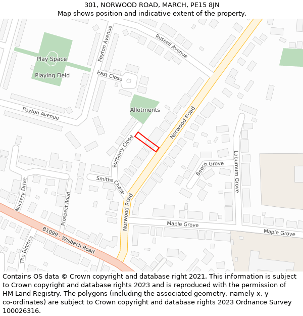 301, NORWOOD ROAD, MARCH, PE15 8JN: Location map and indicative extent of plot