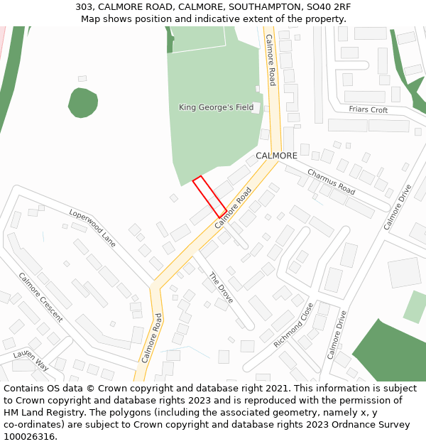 303, CALMORE ROAD, CALMORE, SOUTHAMPTON, SO40 2RF: Location map and indicative extent of plot