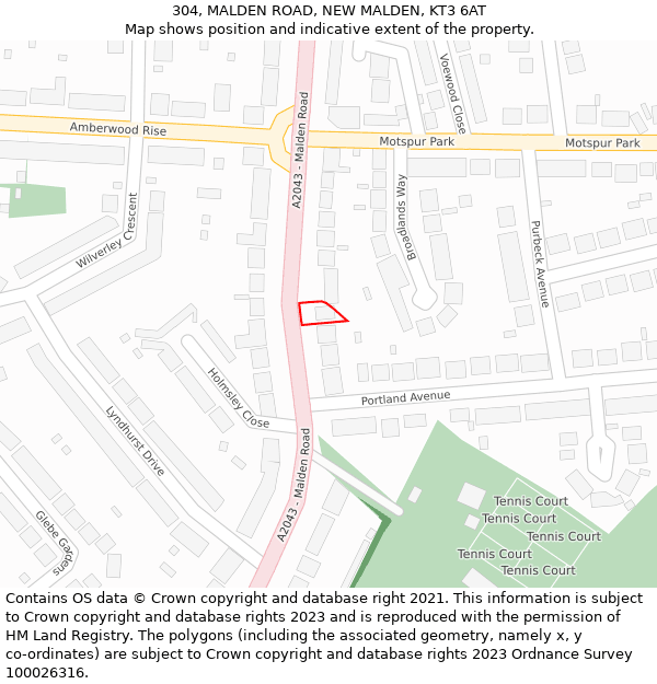 304, MALDEN ROAD, NEW MALDEN, KT3 6AT: Location map and indicative extent of plot