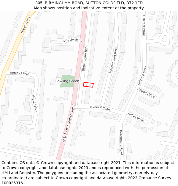 305, BIRMINGHAM ROAD, SUTTON COLDFIELD, B72 1ED: Location map and indicative extent of plot