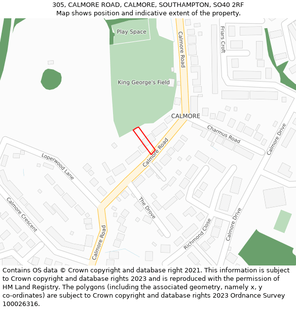 305, CALMORE ROAD, CALMORE, SOUTHAMPTON, SO40 2RF: Location map and indicative extent of plot