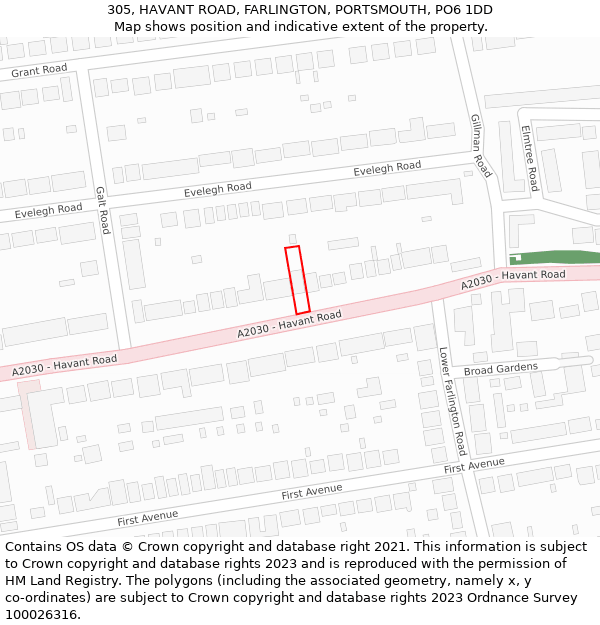 305, HAVANT ROAD, FARLINGTON, PORTSMOUTH, PO6 1DD: Location map and indicative extent of plot