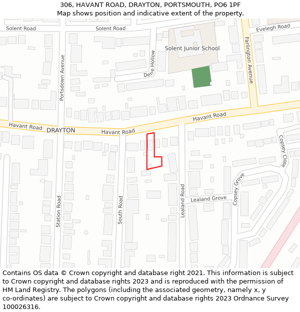 306, HAVANT ROAD, DRAYTON, PORTSMOUTH, PO6 1PF: Location map and indicative extent of plot