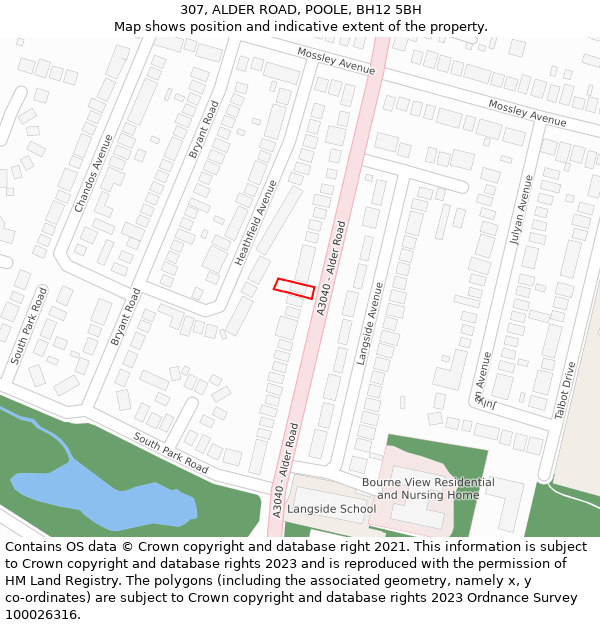 307, ALDER ROAD, POOLE, BH12 5BH: Location map and indicative extent of plot