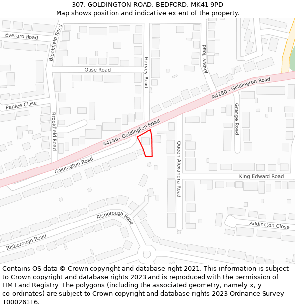 307, GOLDINGTON ROAD, BEDFORD, MK41 9PD: Location map and indicative extent of plot