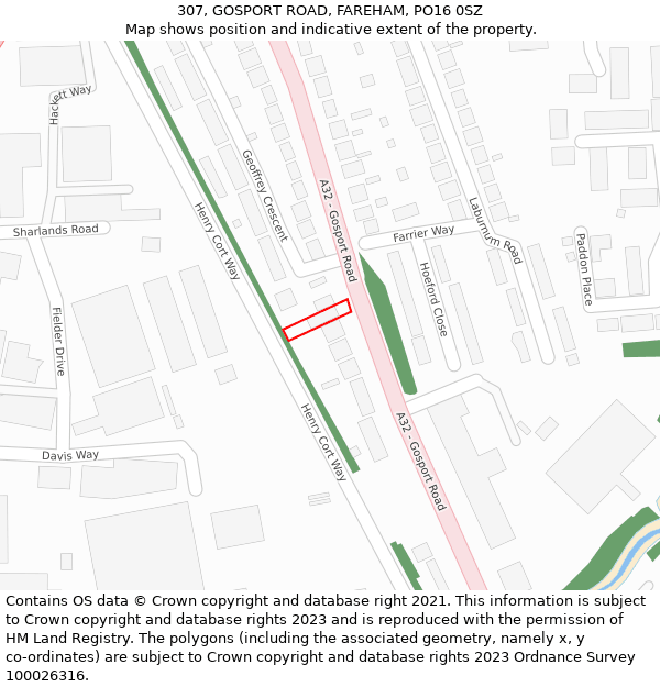 307, GOSPORT ROAD, FAREHAM, PO16 0SZ: Location map and indicative extent of plot