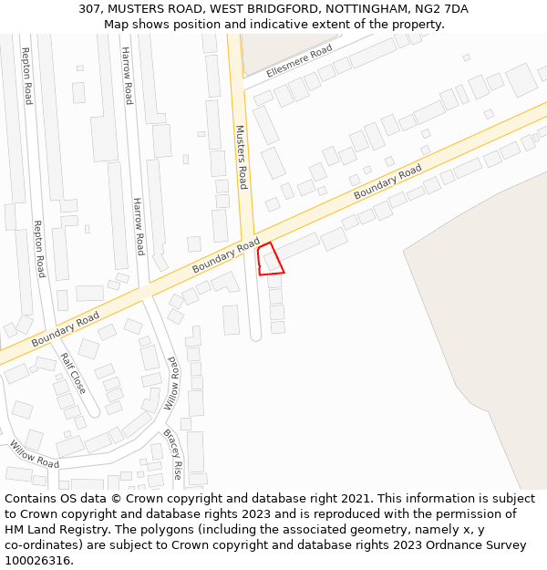 307, MUSTERS ROAD, WEST BRIDGFORD, NOTTINGHAM, NG2 7DA: Location map and indicative extent of plot