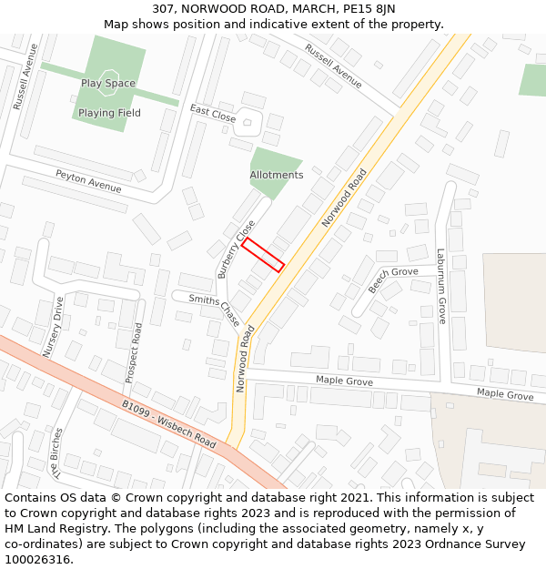 307, NORWOOD ROAD, MARCH, PE15 8JN: Location map and indicative extent of plot