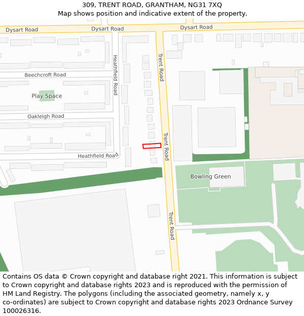 309, TRENT ROAD, GRANTHAM, NG31 7XQ: Location map and indicative extent of plot