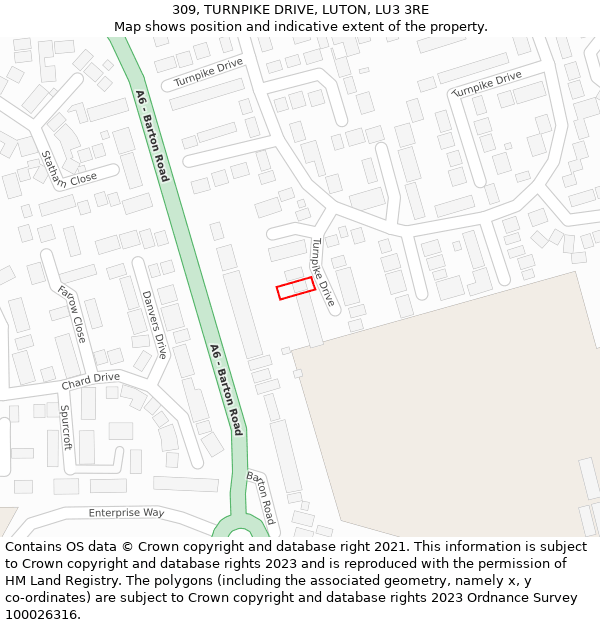 309, TURNPIKE DRIVE, LUTON, LU3 3RE: Location map and indicative extent of plot