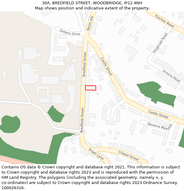 30A, BREDFIELD STREET, WOODBRIDGE, IP12 4NH: Location map and indicative extent of plot