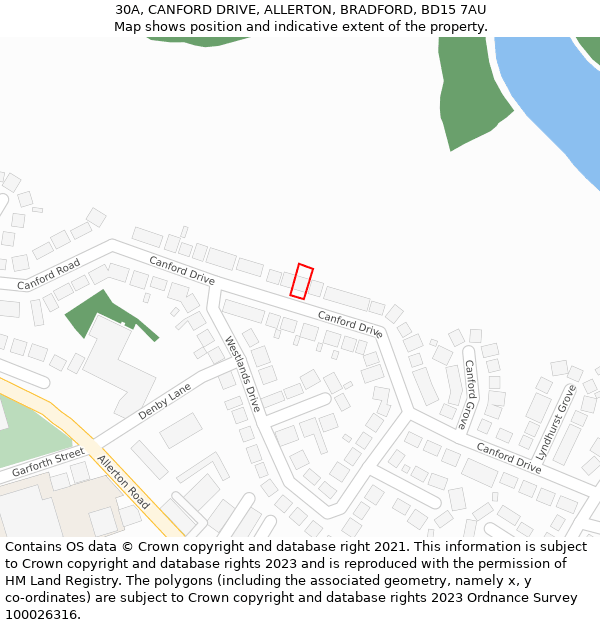 30A, CANFORD DRIVE, ALLERTON, BRADFORD, BD15 7AU: Location map and indicative extent of plot