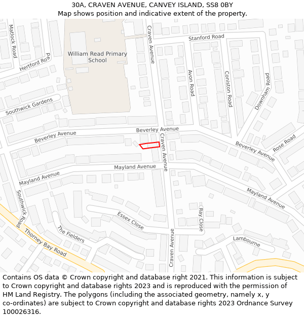 30A, CRAVEN AVENUE, CANVEY ISLAND, SS8 0BY: Location map and indicative extent of plot