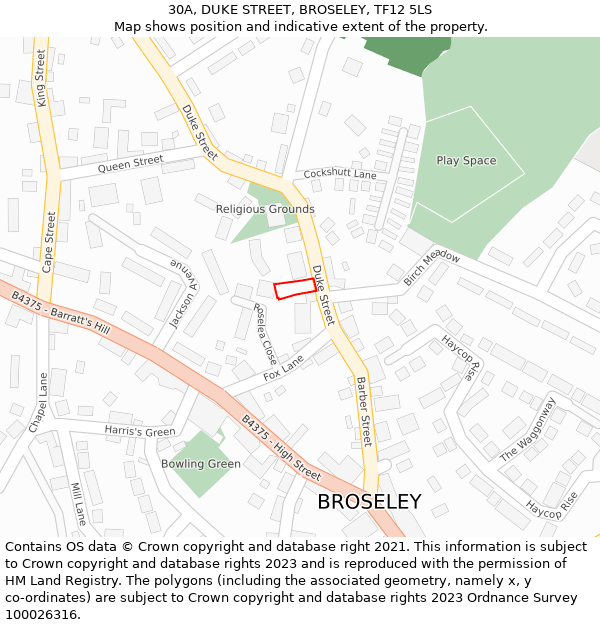 30A, DUKE STREET, BROSELEY, TF12 5LS: Location map and indicative extent of plot