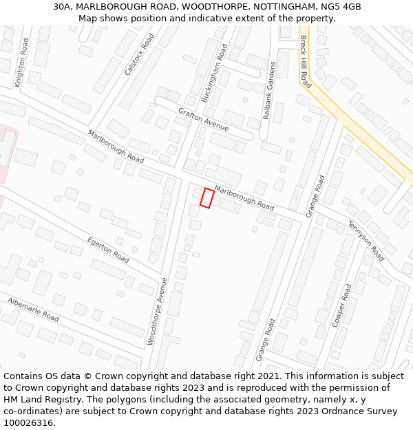 30A, MARLBOROUGH ROAD, WOODTHORPE, NOTTINGHAM, NG5 4GB: Location map and indicative extent of plot