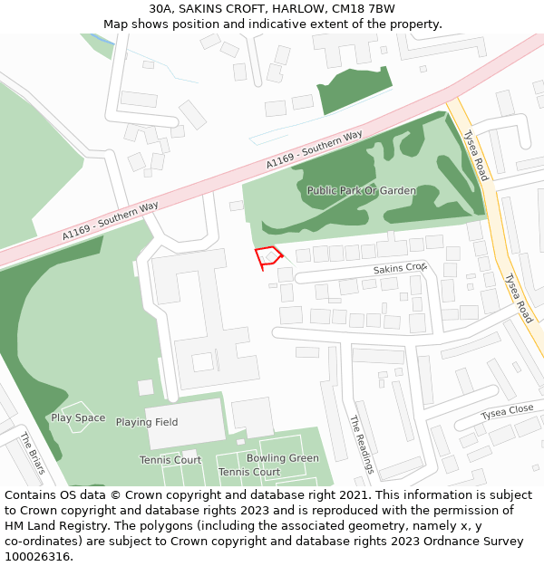 30A, SAKINS CROFT, HARLOW, CM18 7BW: Location map and indicative extent of plot