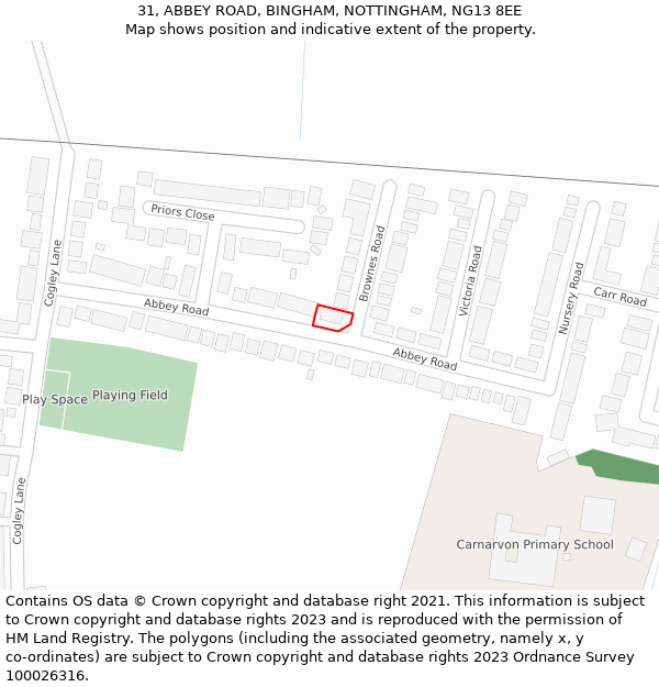 31, ABBEY ROAD, BINGHAM, NOTTINGHAM, NG13 8EE: Location map and indicative extent of plot