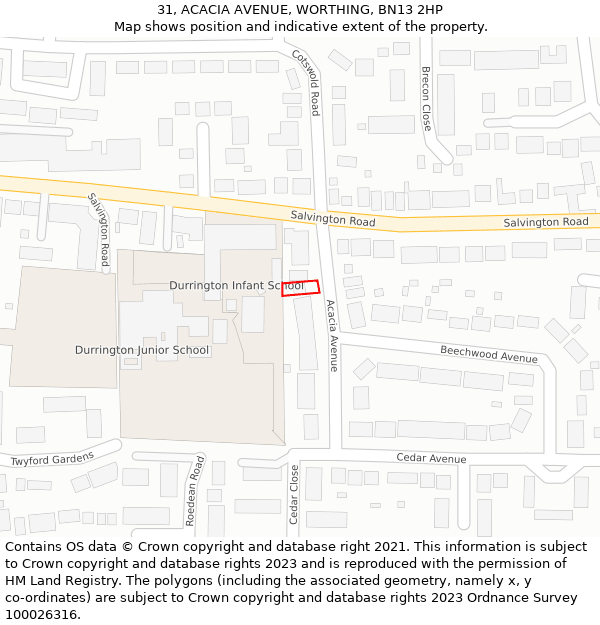 31, ACACIA AVENUE, WORTHING, BN13 2HP: Location map and indicative extent of plot