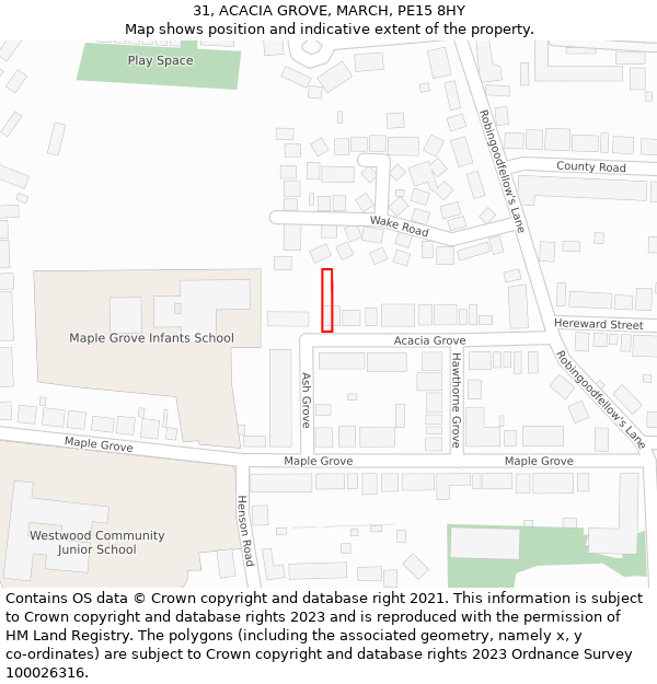 31, ACACIA GROVE, MARCH, PE15 8HY: Location map and indicative extent of plot