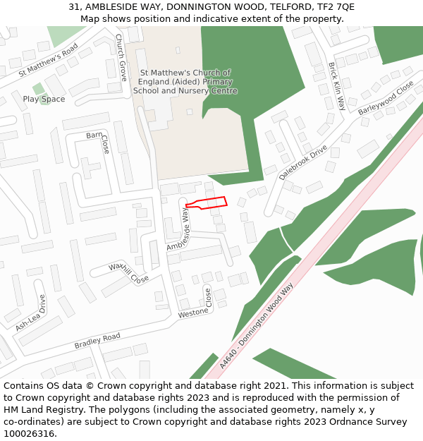 31, AMBLESIDE WAY, DONNINGTON WOOD, TELFORD, TF2 7QE: Location map and indicative extent of plot