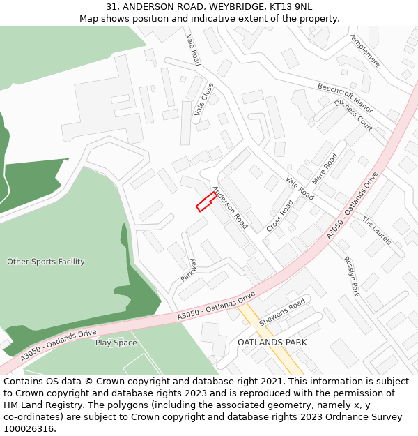 31, ANDERSON ROAD, WEYBRIDGE, KT13 9NL: Location map and indicative extent of plot
