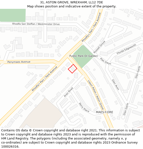 31, ASTON GROVE, WREXHAM, LL12 7DE: Location map and indicative extent of plot