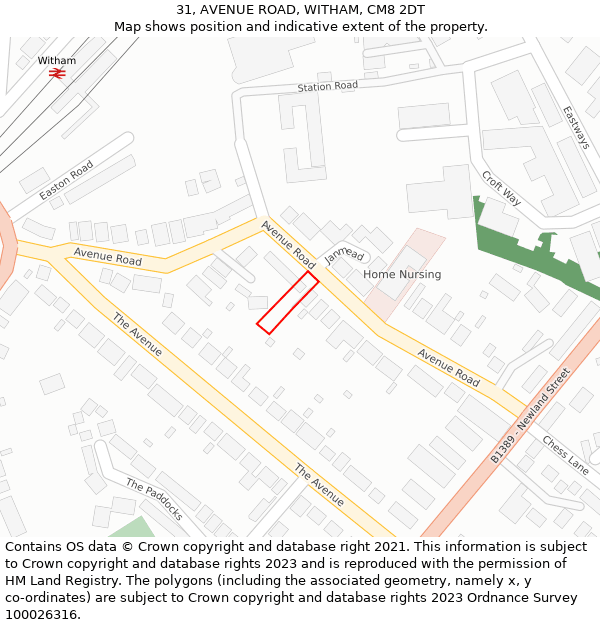 31, AVENUE ROAD, WITHAM, CM8 2DT: Location map and indicative extent of plot