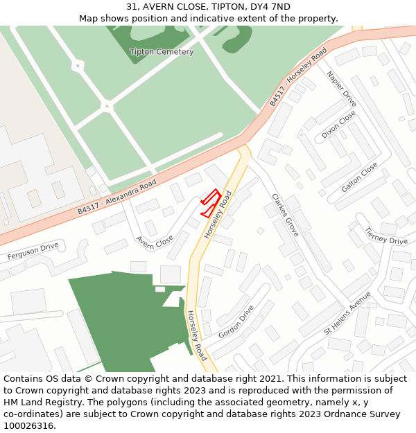 31, AVERN CLOSE, TIPTON, DY4 7ND: Location map and indicative extent of plot